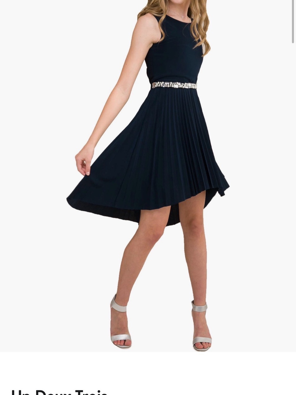 Un Deux Trois Navy High-Low Pleated Dress with Beaded Waist
